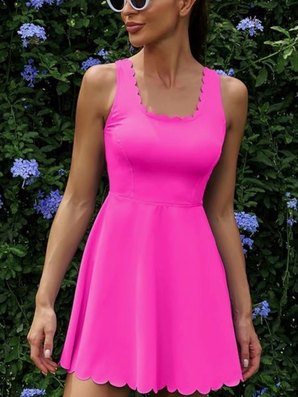 Scallop-Trim Mini Dress in Hot Pink